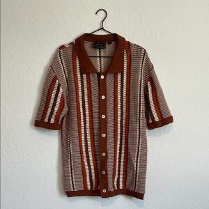 Massive Luxury Men’s Knit Striped Button Down Short Sleeve Shirt Sweater